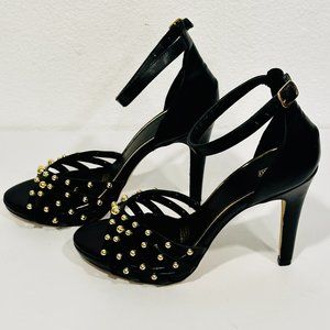 Andargo Black Stiletto Heels Ankle Strap Peep Toe Metal Beaded Studs Womens 6.5